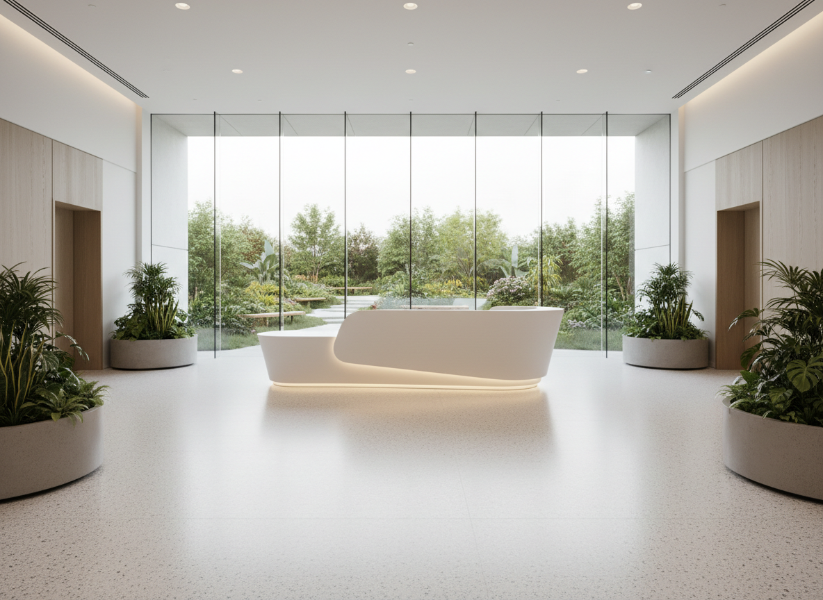 A meticulously detailed, daylight-filled healthcare lobby with no people present, featuring a central nurse station-inspired reception desk made of warm white solid surface with softly rounded corners and integrated LED edge lighting. The floor is a seamless, light gray terrazzo with subtle aggregate, reflecting soft natural light from a full-height glass wall revealing a landscaped healing garden beyond. Planters with lush, low-maintenance greenery line the perimeter. Photographic realism, captured from an eye-level, slightly wide-angle perspective that emphasizes spaciousness and clear circulation paths. Soft, indirect daylight combined with minimal recessed ceiling fixtures creates a calm, professional, and reassuring mood, with sharp focus throughout to highlight materials, clean lines, and evidence-based design details that support intuitive wayfinding and patient comfort.
