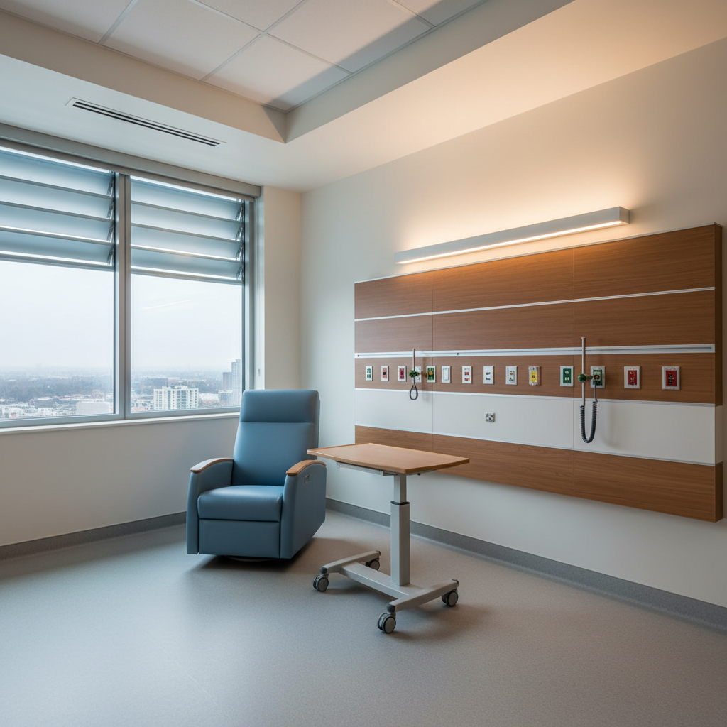 A high-performance hospital patient room shown without occupants, organized around a single headwall with integrated medical gases, power, and data, all neatly concealed behind warm wood-look panels and matte white surfaces. A large window with exterior sunshades frames a distant city skyline, flooding the room with diffused daylight. A recliner and overbed table are neatly positioned to optimize clear staff access and patient visibility from the corridor. Photographic realism from a slightly elevated corner angle, with balanced, natural lighting supplemented by dimmable cove lighting above the headwall. The mood is quiet, orderly, and safe, emphasizing infection-control-friendly materials, easily cleaned flooring, and carefully considered adjacencies that communicate thoughtful operations-driven planning and focus on patient experience.
