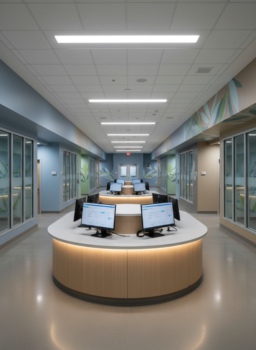 A compact, efficient nurse workstation with no people, positioned at the center of a racetrack-shaped inpatient unit. The station features a low, 360-degree counter in light oak laminate with integrated task lighting and multiple computer monitors, all cable-managed and clutter-free. Surrounding corridors clearly reveal direct sightlines into each patient room via large interior glass panels with privacy blinds. Photographic realism, shot from a slightly elevated viewpoint that captures the entire operational layout. Overhead, linear LED fixtures with uniform, neutral white light create even illumination without glare. The atmosphere is highly functional yet welcoming, with calm colors—soft blues and warm grays—supporting staff focus, while accent wall graphics with abstract, nature-inspired patterns reinforce a restorative, performance-oriented care environment.